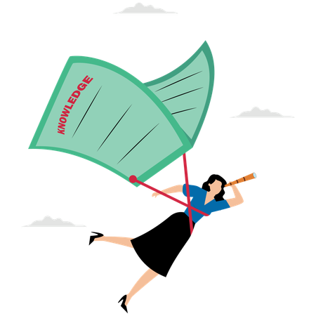 Businesswoman fly with book balloon see future vision  Illustration
