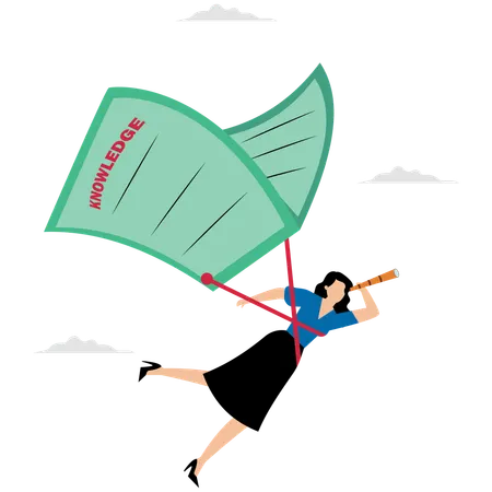 Businesswoman fly with book balloon see future vision  Illustration