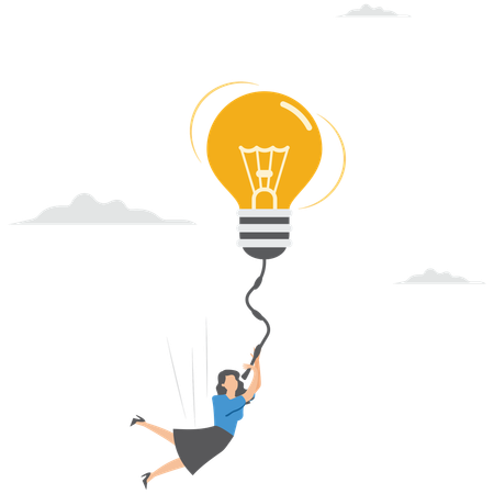 Businesswoman fly with glowing lightbulb idea to catch star representing creativity  Illustration