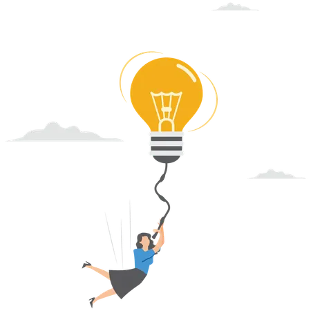 Businesswoman fly with glowing lightbulb idea to catch star representing creativity  Illustration