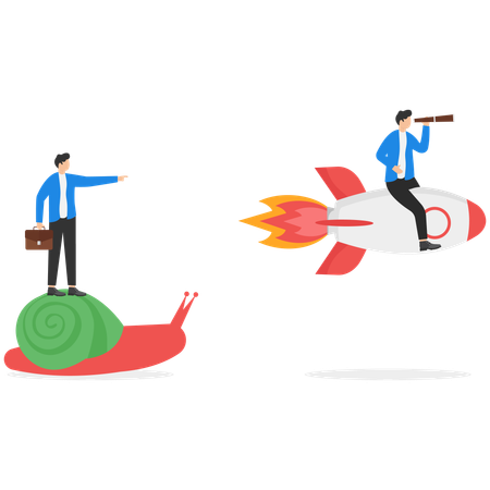 Businesswoman flying on rocket and wins using technological advantage  Illustration