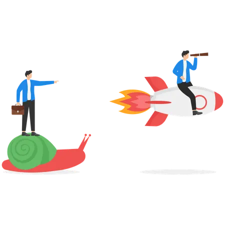 Businesswoman flying on rocket and wins using technological advantage  Illustration