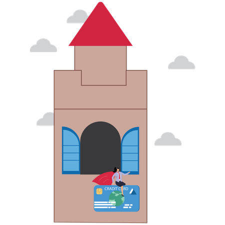 Businesswoman flying out of castle window on credit card  Illustration