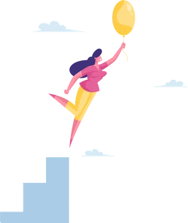 Businesswoman Character Flying With Air Balloon In Air Inspiration Progress And Creative Solution Concept Business Woman Adventure Career Growth And Escaping Crisis Cartoon Vector Illustration Illustration