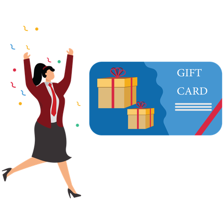 Businesswoman getting Gift Cards and Store Credits from shopping  Illustration