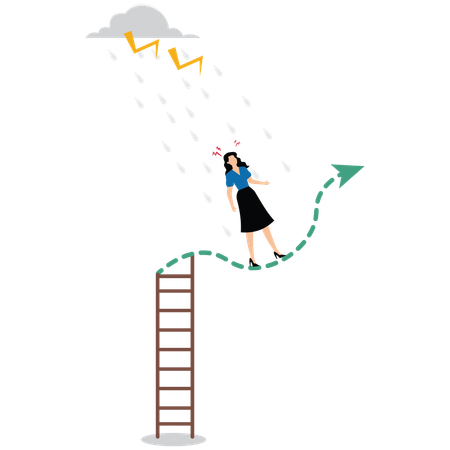 Businesswoman getting wet in rain while standing on stock graph without umbrella  Illustration