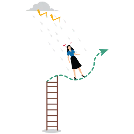 Businesswoman getting wet in rain while standing on stock graph without umbrella  Illustration