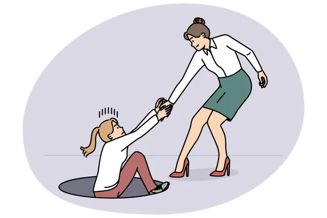 Businesswoman give hand to colleague in need rescue female employee from hatch  Illustration