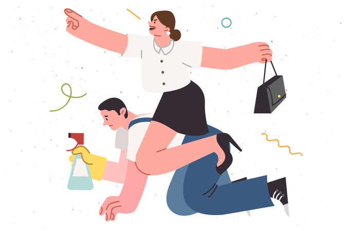 Businesswoman gives command to janitor using toxic management methods sitting astride laborer  Illustration