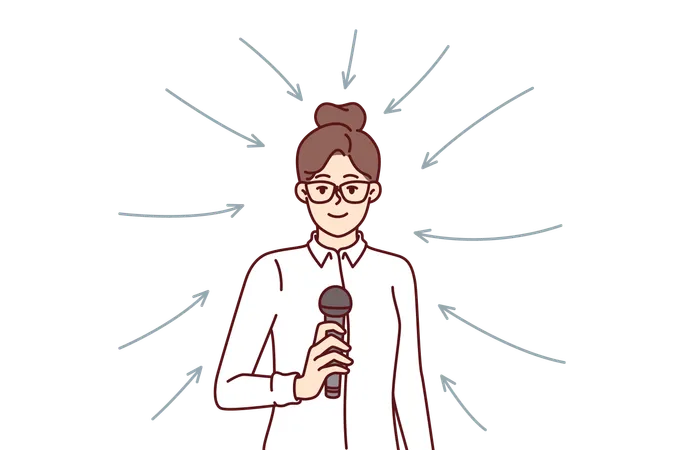 Business Woman With Microphone Stands Among Arrows For Concept Of Participation In Professional Seminar Or Conference Girl Business Coach Holds Mic Motivating Company Team For Productive Work Illustration