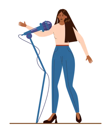 Native American Businesswoman Standing Behind A Microphone Character Wearing Business Casual Clothing Perform With Mictophone Open Mic Flat Vector Illustration Illustration
