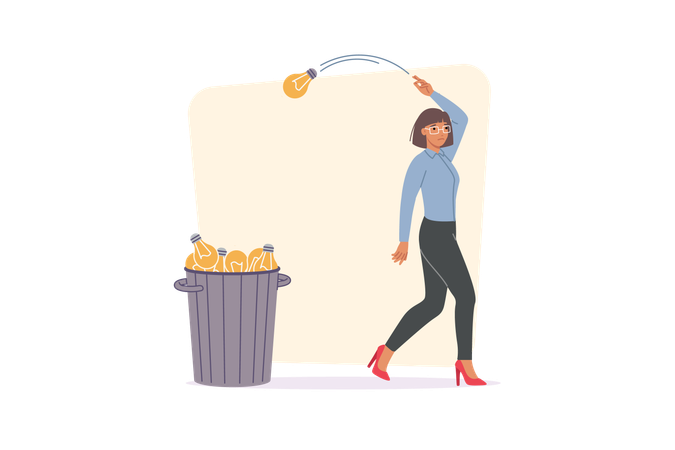 Businesswoman gives up on idea throwing light bulbs in trash due to lack of ambition  Illustration