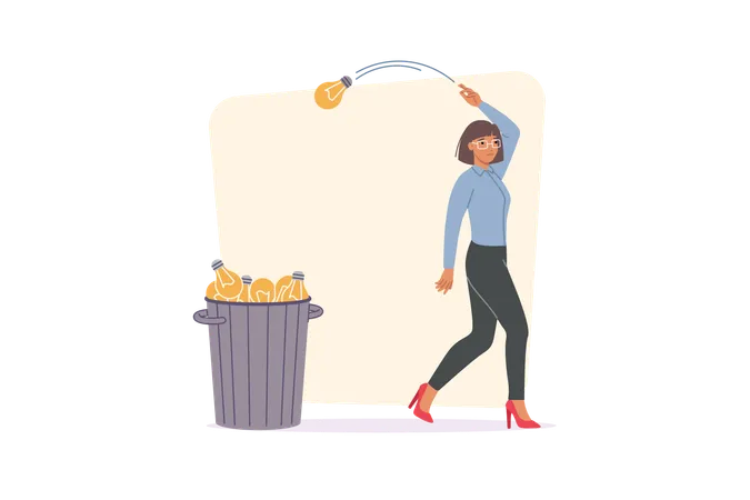 Businesswoman gives up on idea throwing light bulbs in trash due to lack of ambition  Illustration