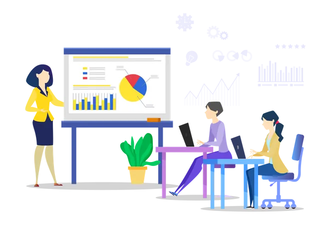 Businesswoman giving growth analytics presentation to employees  Illustration