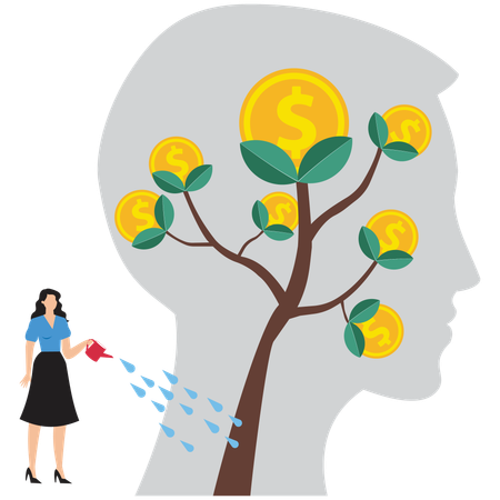 Businesswoman growth mindset on human head and brain  Illustration