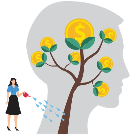 Businesswoman growth mindset on human head and brain  Illustration