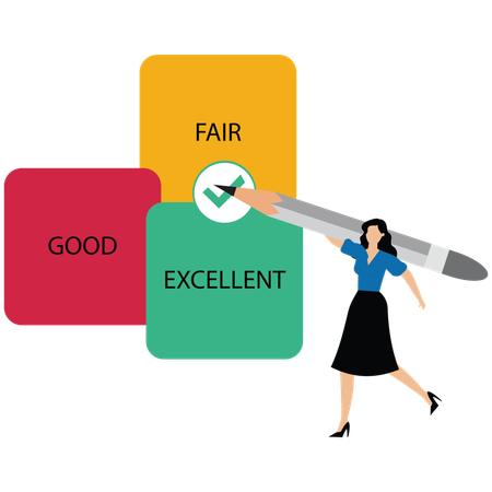 Businesswoman hand drawing red check mark in one checkbox with excellent word  Illustration