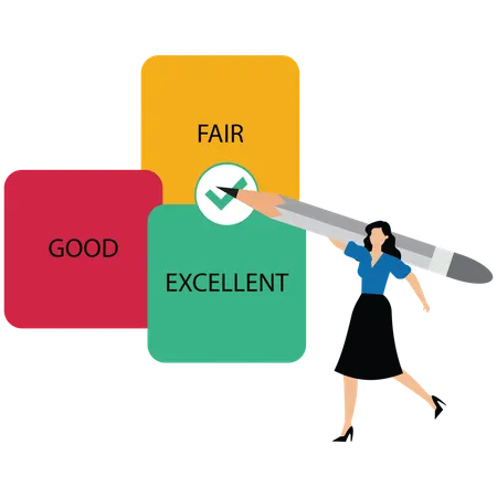 Businesswoman hand drawing red check mark in one checkbox with excellent word  Illustration