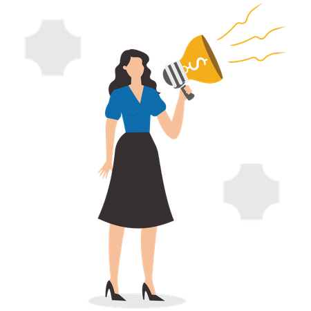 Businesswoman hand holding a megaphone from an light bulb idea with a dollar  Illustration