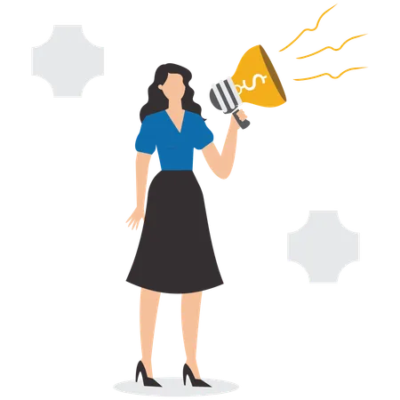 Businesswoman hand holding a megaphone from an light bulb idea with a dollar  Illustration