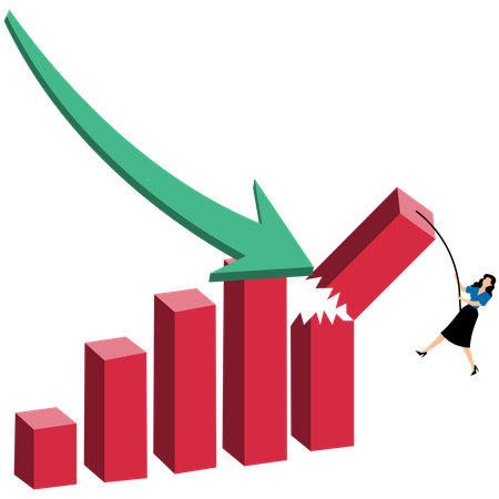 Businesswoman hanging on edge of broken bar graph to survive after falling graph attack  Illustration