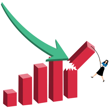 Businesswoman hanging on edge of broken bar graph to survive after falling graph attack  Illustration