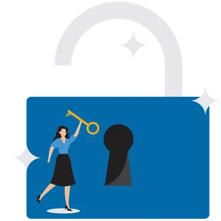 Businesswoman happy to open the lock with key  Illustration