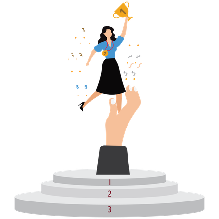 Businesswoman helping employee to win trophy  Illustration