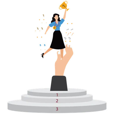 Businesswoman helping employee to win trophy  Illustration