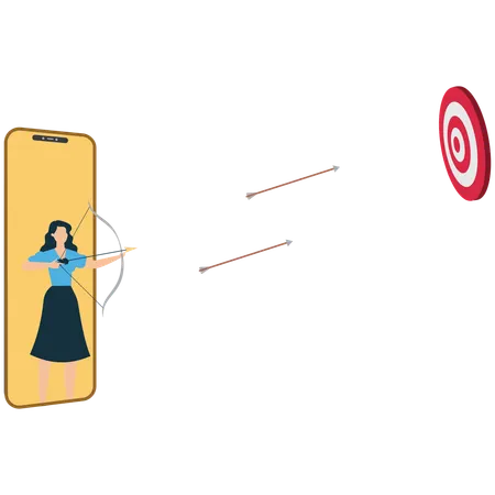 Businesswoman hitting the target through smartphone  Illustration
