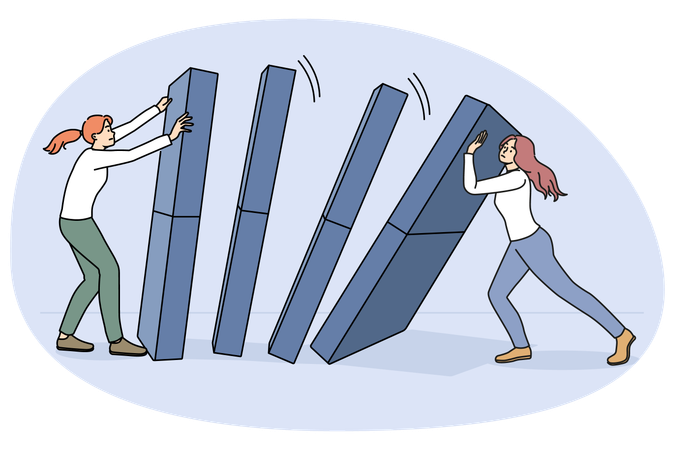 Businesswoman hold domino from falling down  Illustration