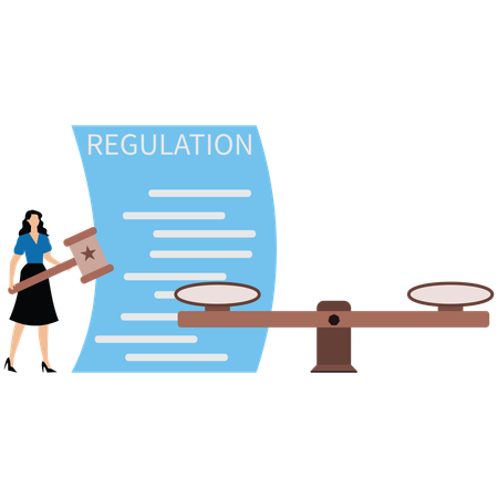 Businesswoman hold gavel with scale and regulation document  Illustration