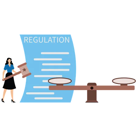 Businesswoman hold gavel with scale and regulation document  Illustration