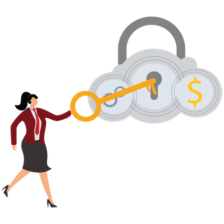 Businesswoman hold key for unlock cloud server  Illustration