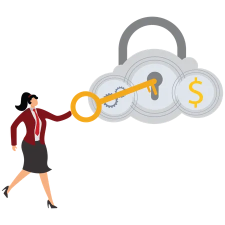 Businesswoman hold key for unlock cloud server  Illustration