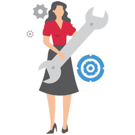 Businesswoman hold wrench to adjust cogwheel symbolizing optimization for business improvement  Illustration