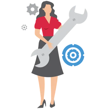 Businesswoman hold wrench to adjust cogwheel symbolizing optimization for business improvement  Illustration