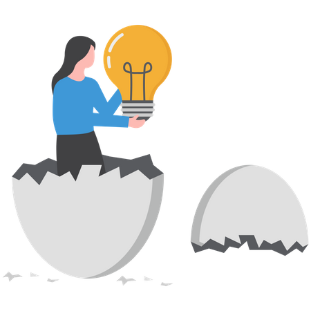 Businesswoman holding a big idea light bulb and breaking out of a giant egg shell  Illustration