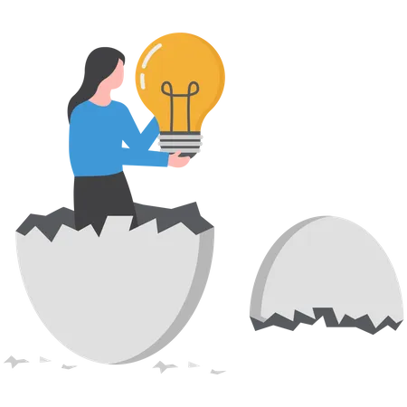 Businesswoman holding a big idea light bulb and breaking out of a giant egg shell  Illustration