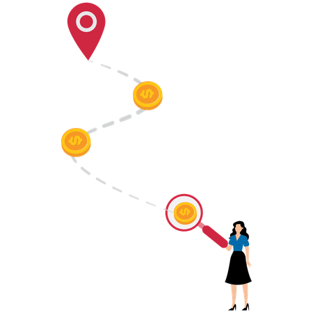 Businesswoman holding a magnifying glass looking for the trail of money gold coins  Illustration