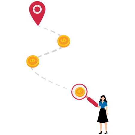 Businesswoman holding a magnifying glass looking for the trail of money gold coins  Illustration