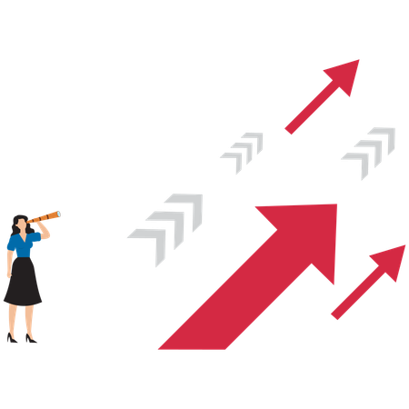 Businesswoman holding a telescope standing looking at red arrow up toward career success  Illustration