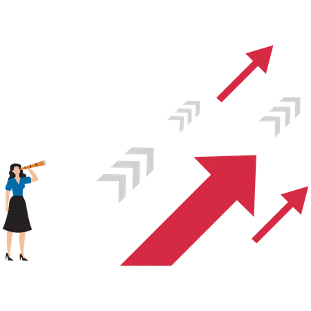 Businesswoman holding a telescope standing looking at red arrow up toward career success  Illustration