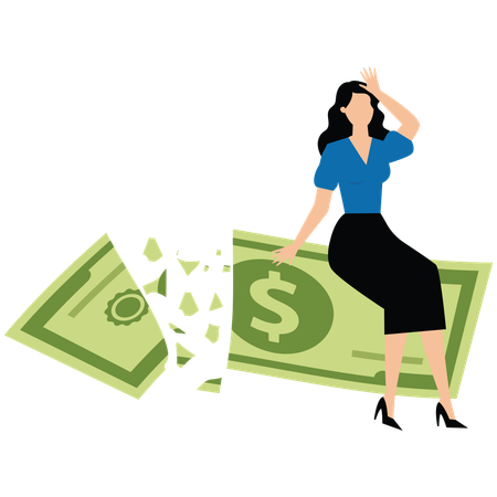 Businesswoman holding big dollar banknote money while loss  Illustration