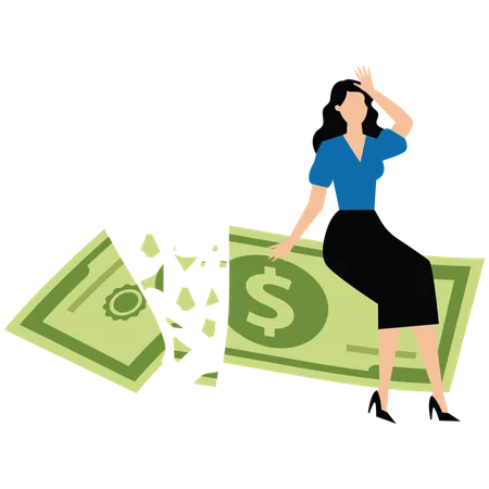 Businesswoman holding big dollar banknote money while loss  Illustration