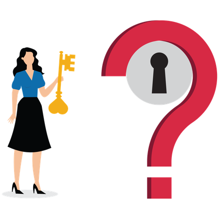Businesswoman holding big key to unlock keyhole on question mark sign  Illustration