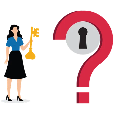 Businesswoman holding big key to unlock keyhole on question mark sign  Illustration