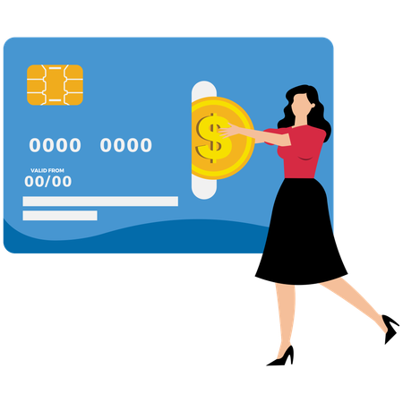 Businesswoman holding big money coin with credit card  Illustration