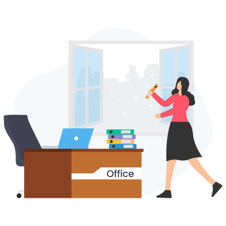 Businesswoman holding folder walking in office near desk and open window  Illustration