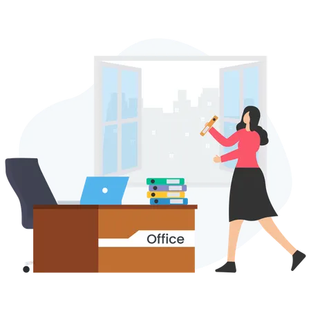Businesswoman holding folder walking in office near desk and open window  Illustration